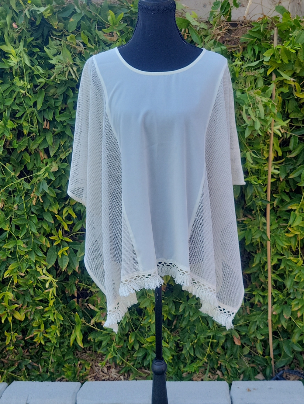 Cream Mesh Swim Cover-Up Poncho with Crochet Fringe